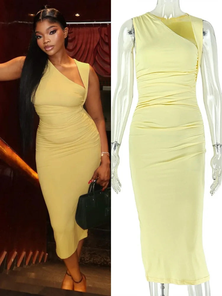 Women's Yellow Ruched Sleeveless Bodycon Dress - Detail View 7