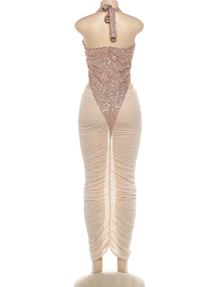 Joskaa Sequin Mesh Backless Halter Maxi Dress - maxi dress image 4