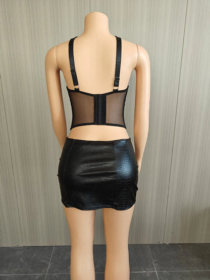 Joskaa Mesh Halter Two Piece Set Bandage Patchwork Hollow - two piece set image 4