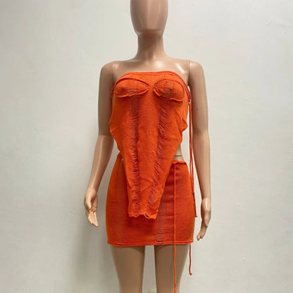 Women's Ribbed Knit Strapless One Shoulder Two Piece Set - Additional View 7