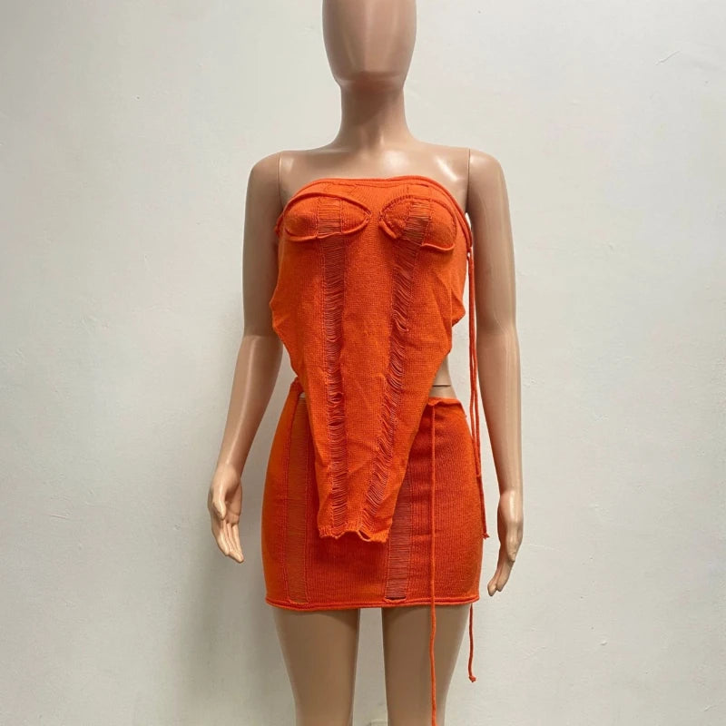 Women's Ribbed Knit Strapless One Shoulder Two Piece Set - Additional View 7