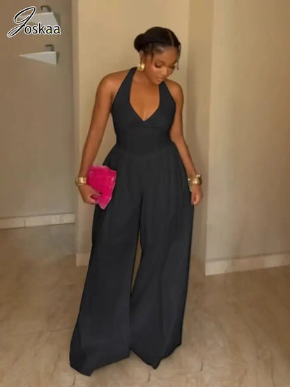 Women's Backless Halter Flare Wide Leg Romper Black – Side View