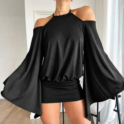 Women's Ruched Backless Halter Long Sleeve Mini Dress