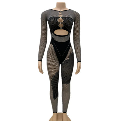 Women's Rhinestone Lace Cutout Long Sleeve Romper