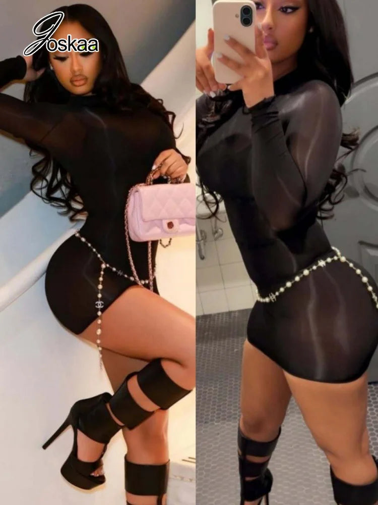 Women's Mesh Long Sleeve Bodycon Dress Transparent - Detail View 3