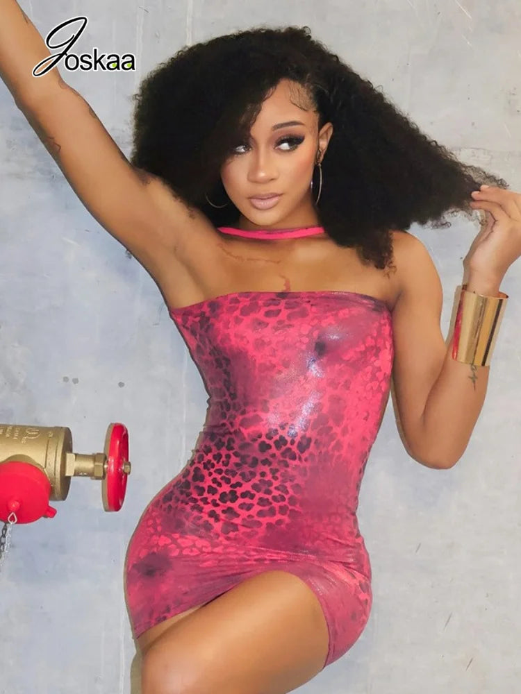 Women's Leopard Print Backless Halter Mini Dress Rose Red – Side View