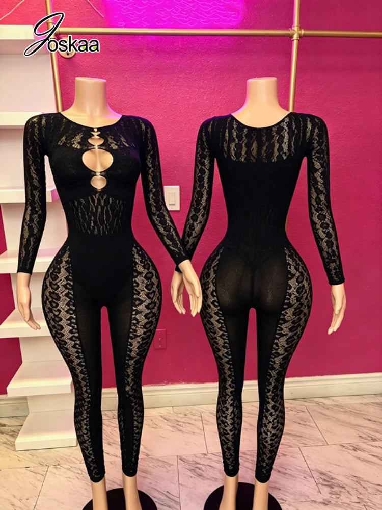Women's Leopard Print Cutout Long Sleeve Romper Black – Side View