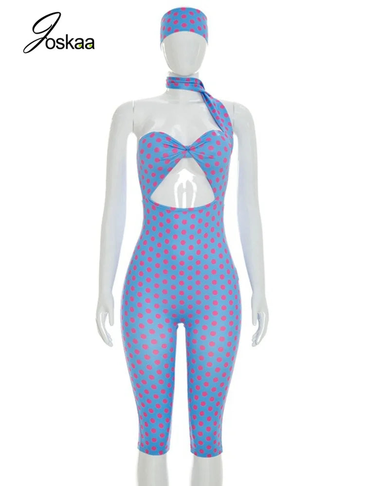 Women's Polka Dot Backless Cutout Romper Blue – Back View