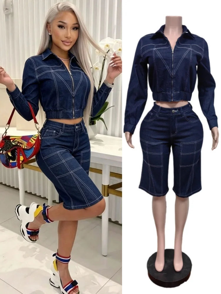 Women's Denim Print Zip Up Long Sleeve Two Piece Set - Additional View 8