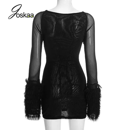Women's Mesh Long Sleeve Bodycon Bikini Set Black – Side View