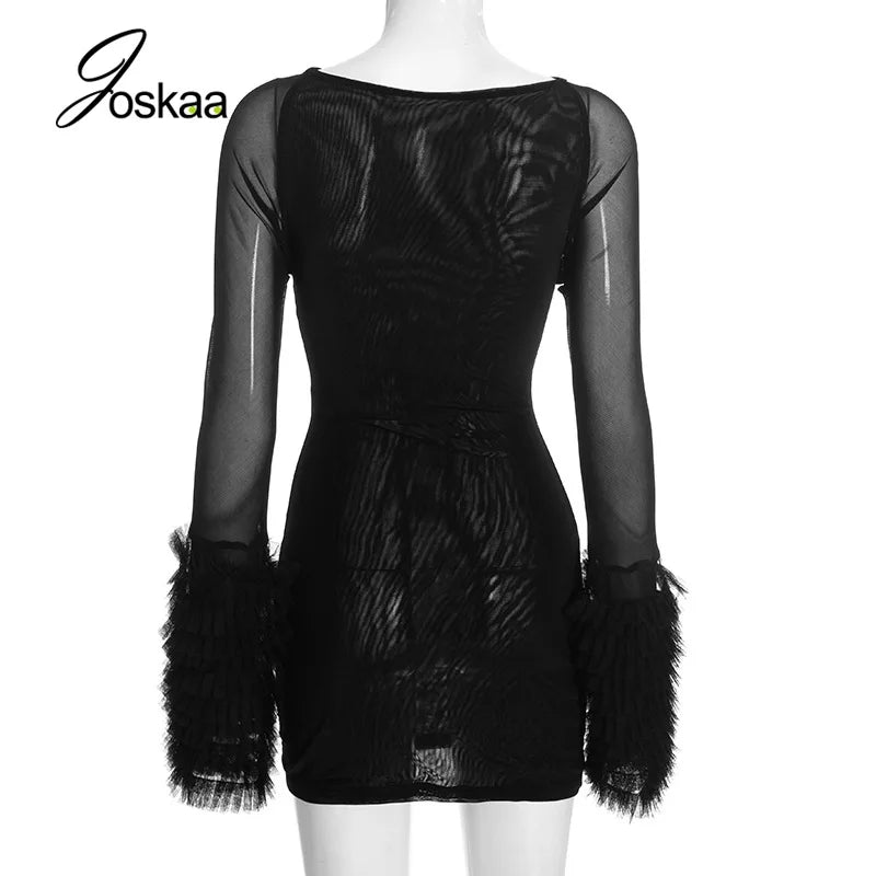 Women's Mesh Long Sleeve Bodycon Bikini Set Black – Side View