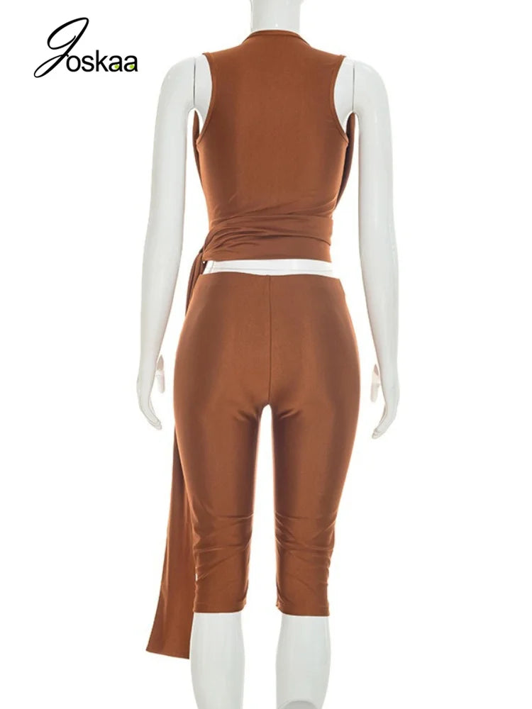 Women's Sleeveless Crop Bodycon Two Piece Set Brown – Detail View