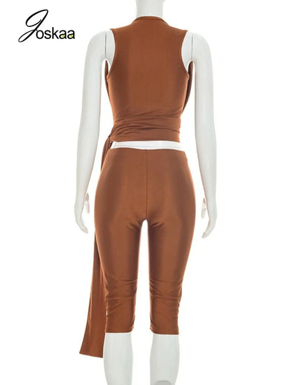 Women's Sleeveless Crop Bodycon Two Piece Set Brown – Detail View