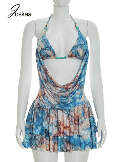 Wholesale Women's Backless Halter Two Piece Set Blue – Back View