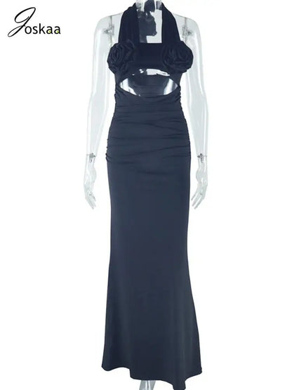 Women's Floral Print Backless Cutout Maxi Dress Black – Back View