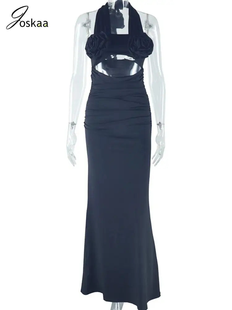 Women's Floral Print Backless Cutout Maxi Dress Black – Back View