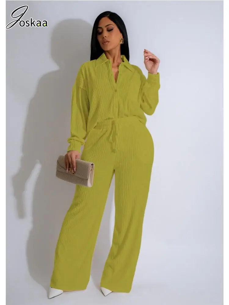 Women's Long Sleeve Flare Wide Leg Two Piece Set Yellow Green – Side View