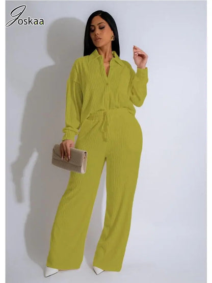 Women's Long Sleeve Flare Wide Leg Two Piece Set Yellow Green – Side View