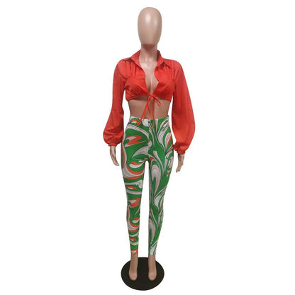 Women's Lace Crop Pants Deep Lace-up Two Piece Set