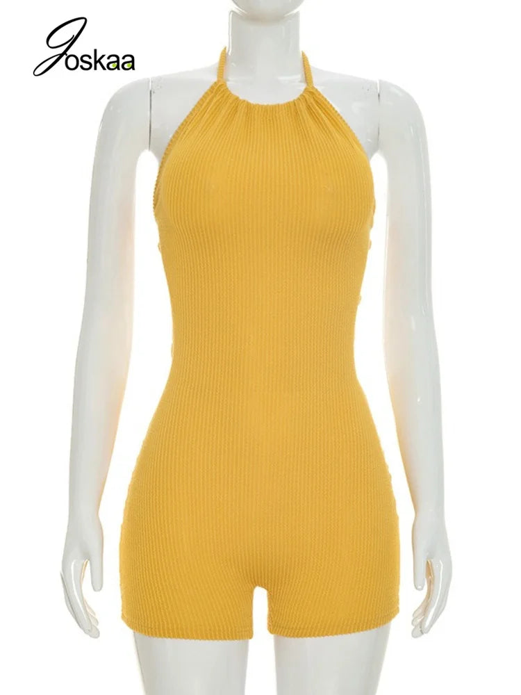 Women's Lace Knit Backless Halter Ribbed Romper Black Gray – Back View