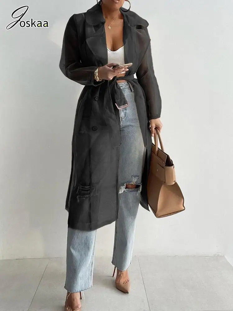 Women's Long Sleeve Solid Organza Lapel Jacket white – Back View