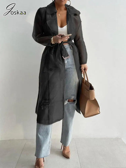Women's Long Sleeve Solid Organza Lapel Jacket white – Back View