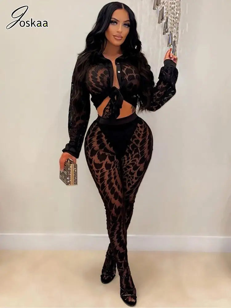 Wholesale Women's Mesh Long Sleeve Two Piece Set Black – Front View