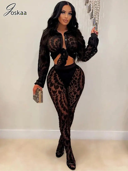 Wholesale Women's Mesh Long Sleeve Two Piece Set Black – Front View
