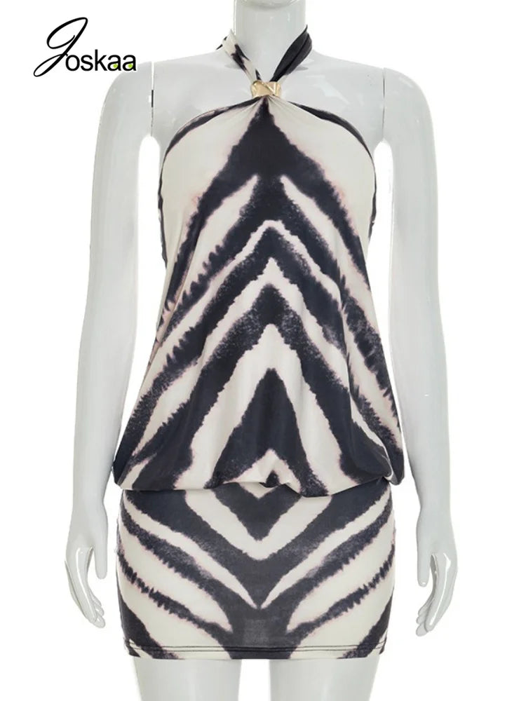 Women's Zebra Print Striped Halter Sleeveless Mini Dress - Back View