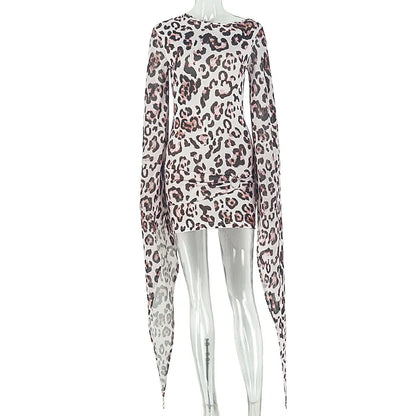 Women's Leopard Print Mesh Bodycon Wide Leg Mini Dress - Additional View 7