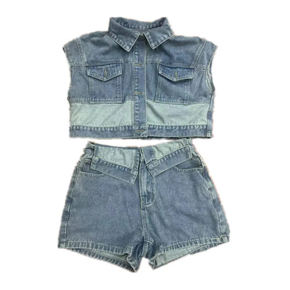Women's Denim Patchwork Stretch Lapel Two Piece Set