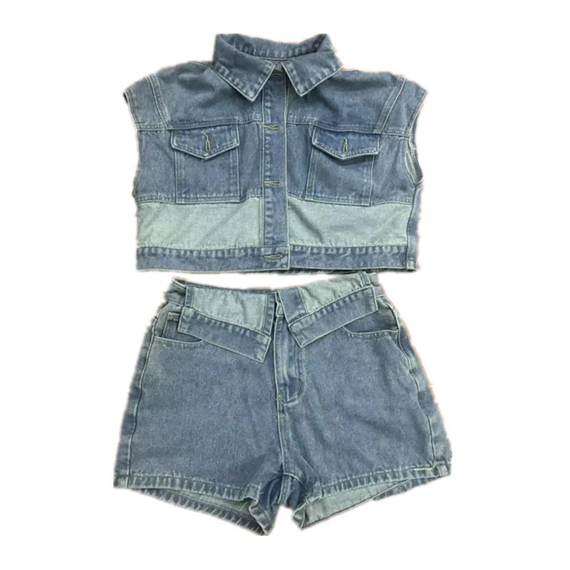 Women's Denim Patchwork Stretch Lapel Two Piece Set