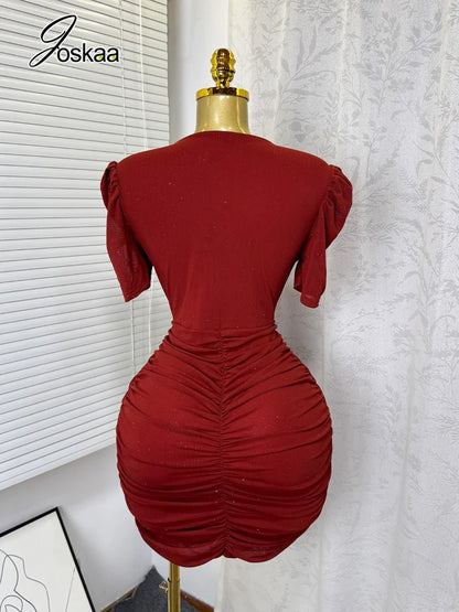 Women's Sequin Ruched V-neck Bodycon Mini Dress - Front View