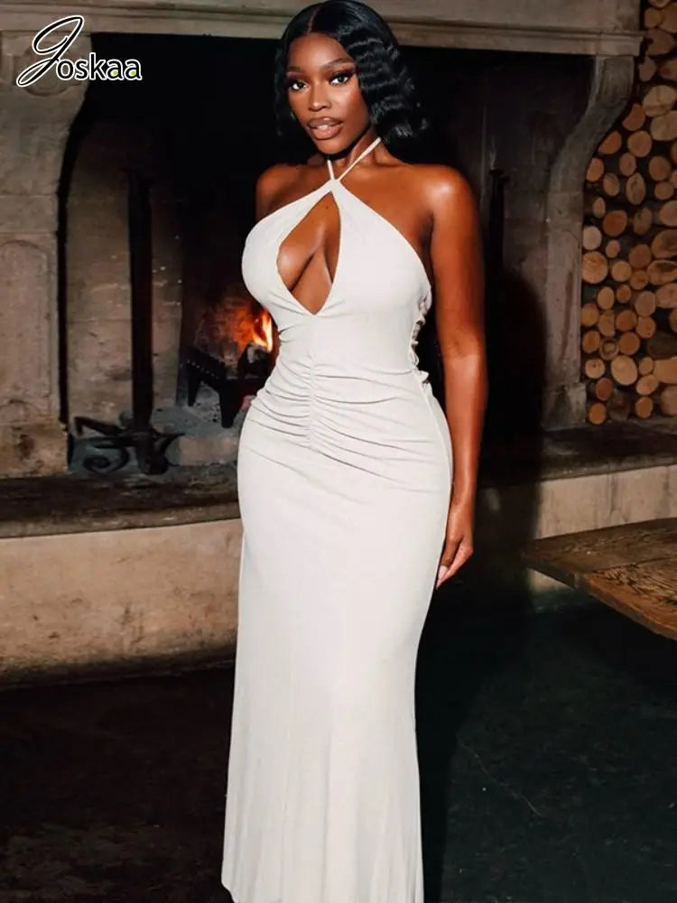 Women's Ruched Backless Halter Maxi Dress – Women's Fashion Wholesale – Front View