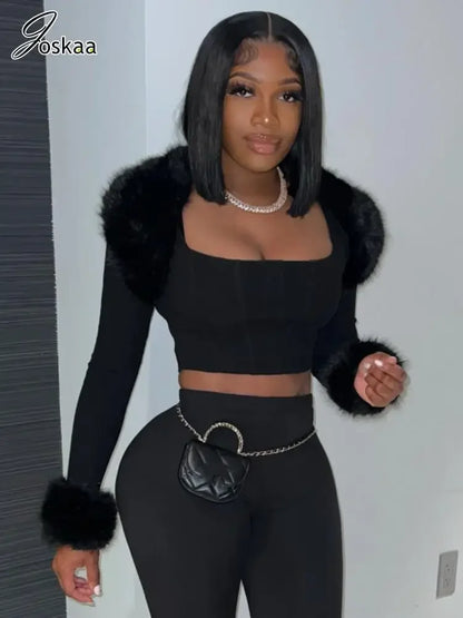 Women's Crop Faux Fur Patchwork Two Piece Set Black – Back View