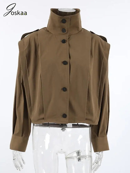 Women's Long Sleeve Pleated Lapel Single Jacket Khaki – Back View