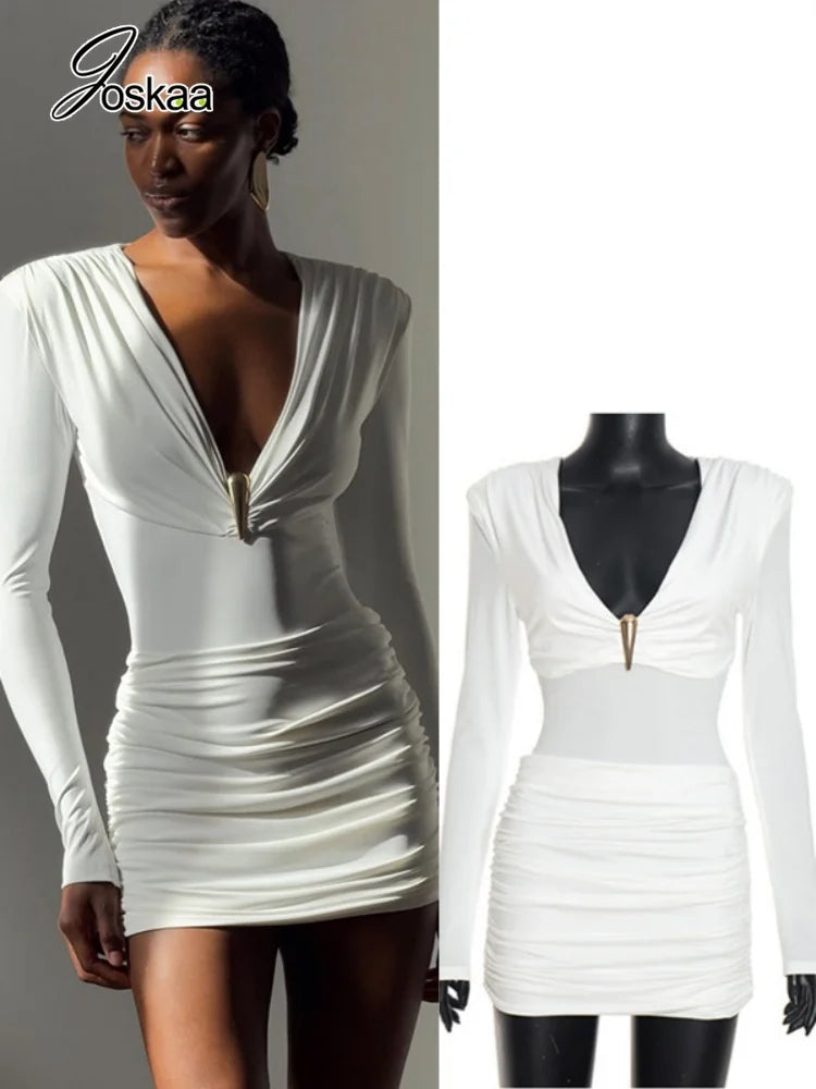 Women's Ruched V-neck Long Sleeve Bodycon Mini Dress - Women's Fashion Wholesale - Front View
