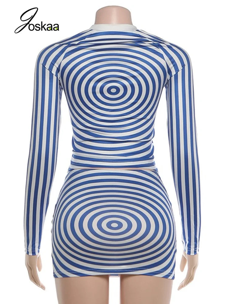 Women's Stripe Long Sleeve Crop Two Piece Set Blue – Detail View