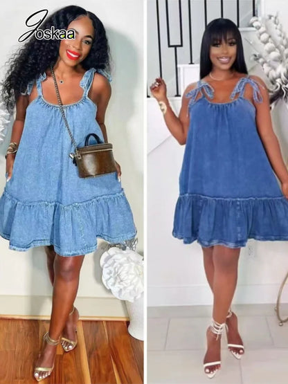 Women's Denim Print Sleeveless Mini Dress - Women's Fashion Wholesale - Front View