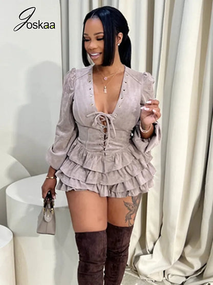 Women's Lace Long Sleeve Bodycon Mini Dress Pink White – Front View