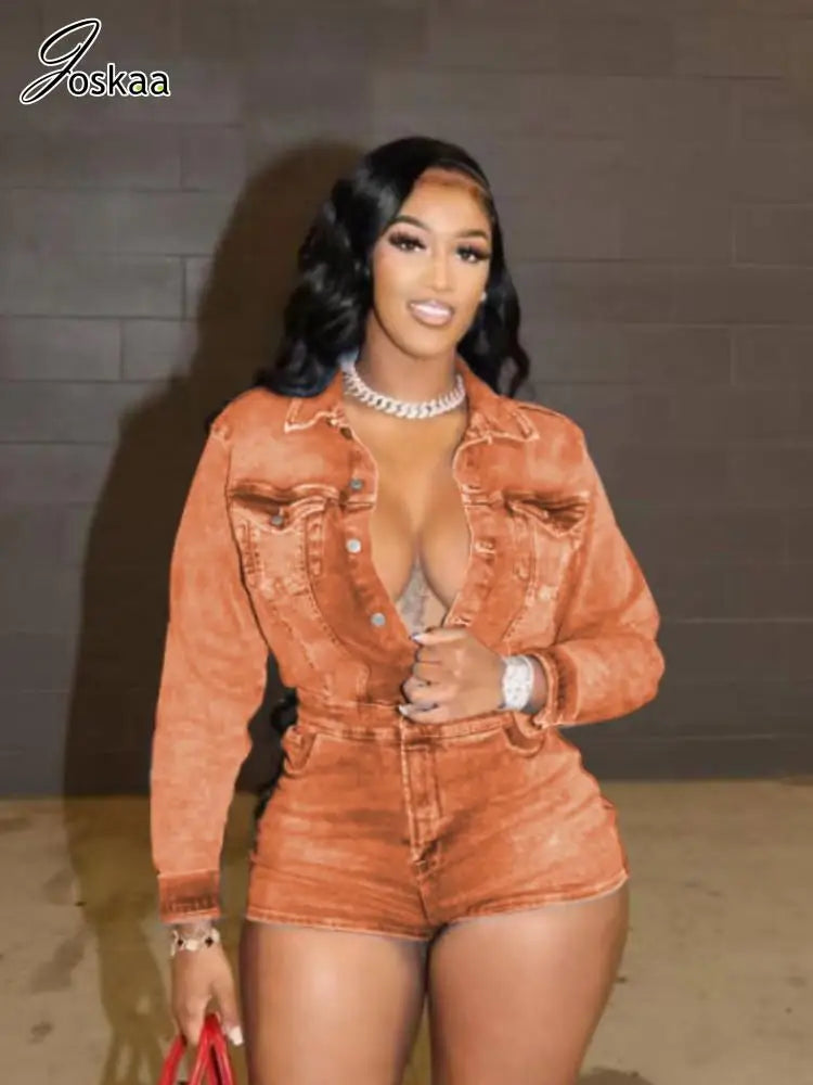 Women's Denim Long Sleeve Bodycon Romper Orange – Side View