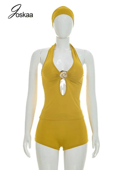 Women's Lace Backless Cutout Two Piece Set Yellow – Back View