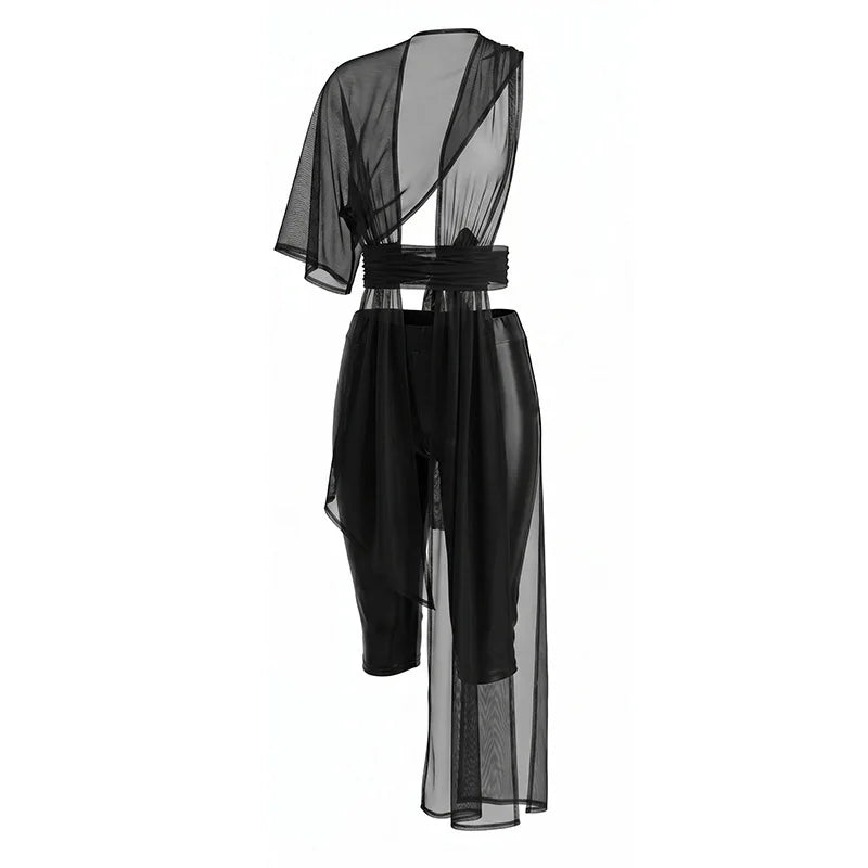 Women's Mesh Backless One Shoulder Two Piece Set - Additional View 7