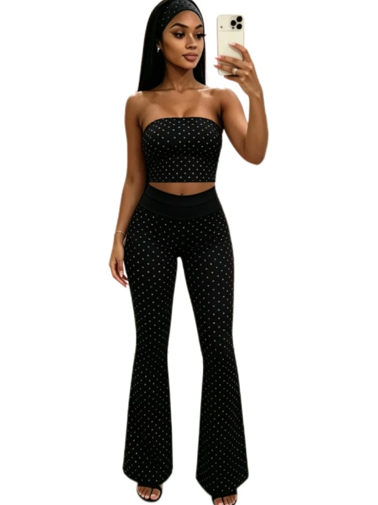 Women's Polka Dot Strapless Crop Two Piece Set Yellow – Side View