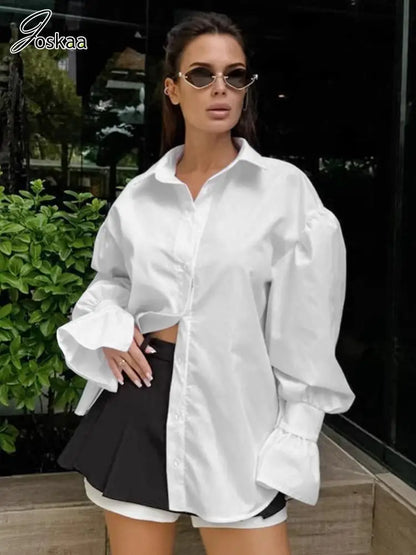 Women's Long Sleeve Oversized Shirt Fall Top Blue – Front View