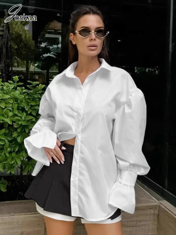 Women's Long Sleeve Oversized Shirt Fall Top Blue – Front View