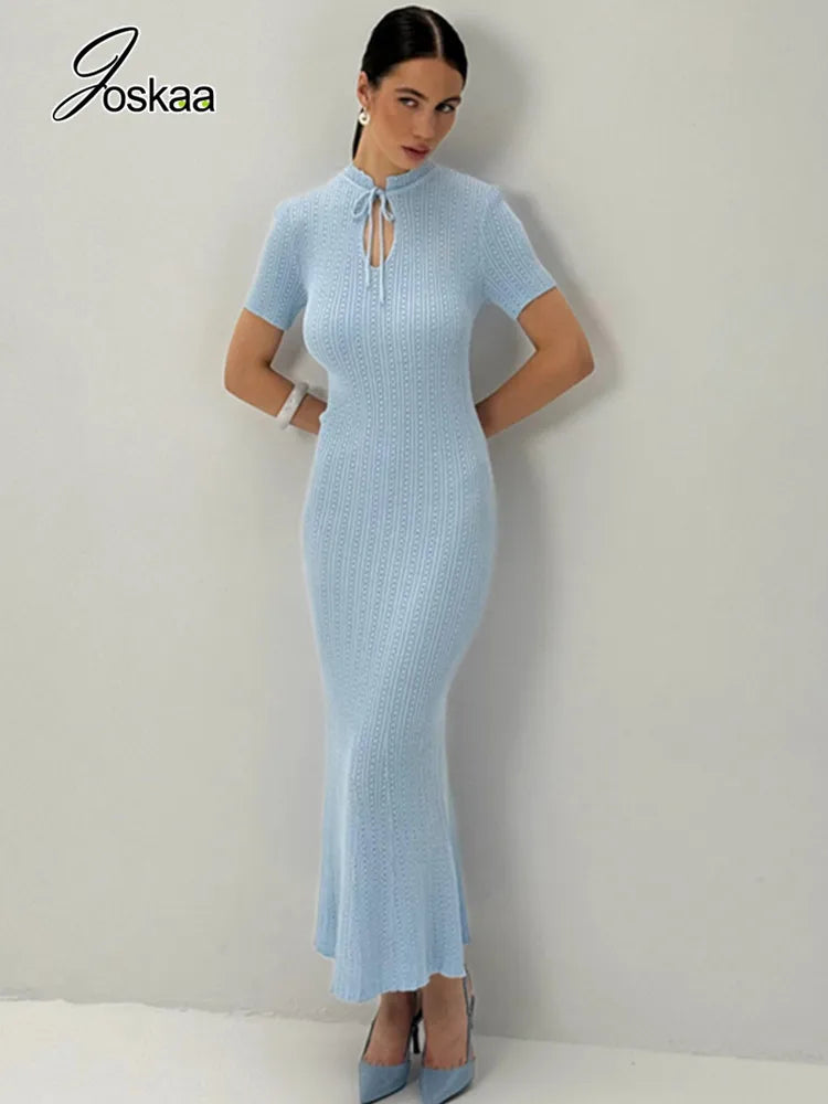 Women's Lace Knit Cutout Short Sleeve Maxi Dress Sky Blue – Front View