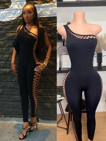 Women's Cutout Sleeveless One Shoulder Bodycon Romper - Model Wearing Style