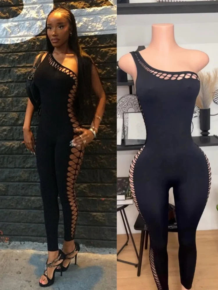 Women's Cutout Sleeveless One Shoulder Bodycon Romper - Model Wearing Style