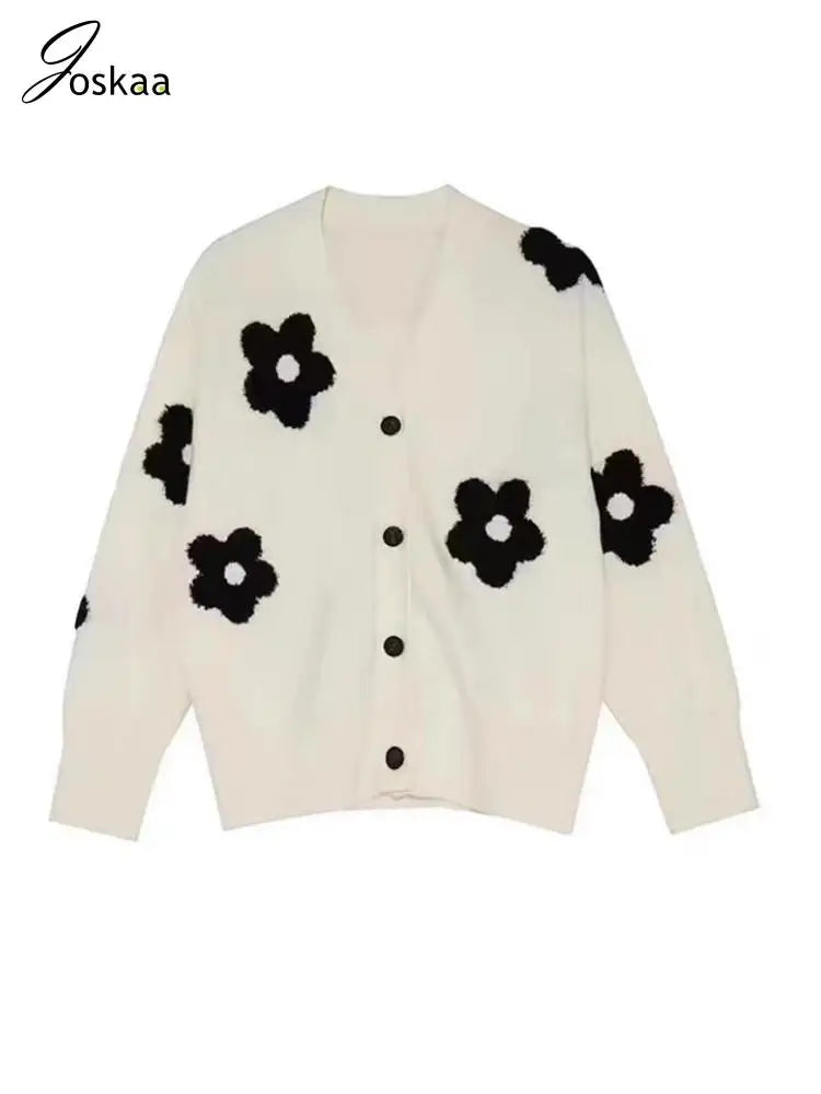 Women's Floral Print Knit Long Sleeve Jacket Black – Detail View